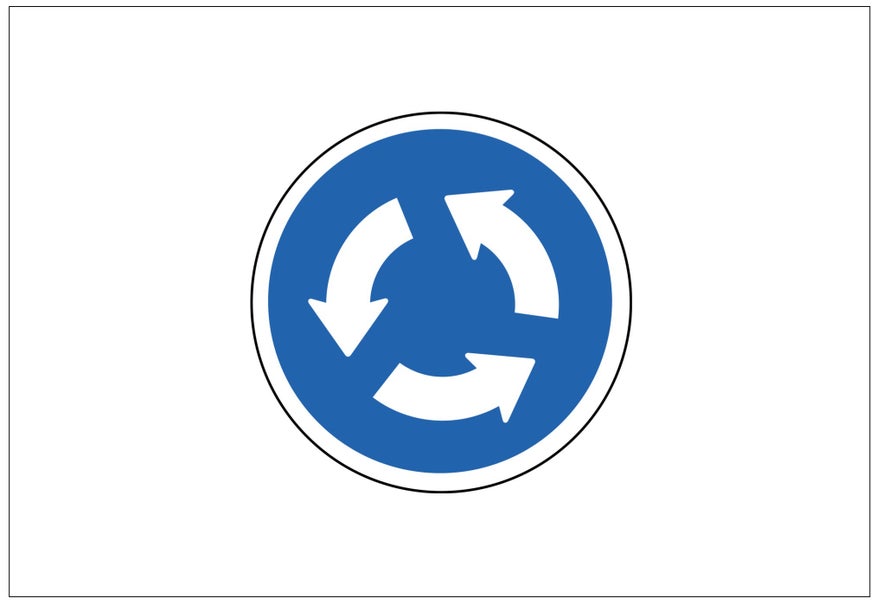The mandatory road sign in Iceland indicating a roundabout is a blue circular sign with three white arrows in the middle showing the direction of traffic.