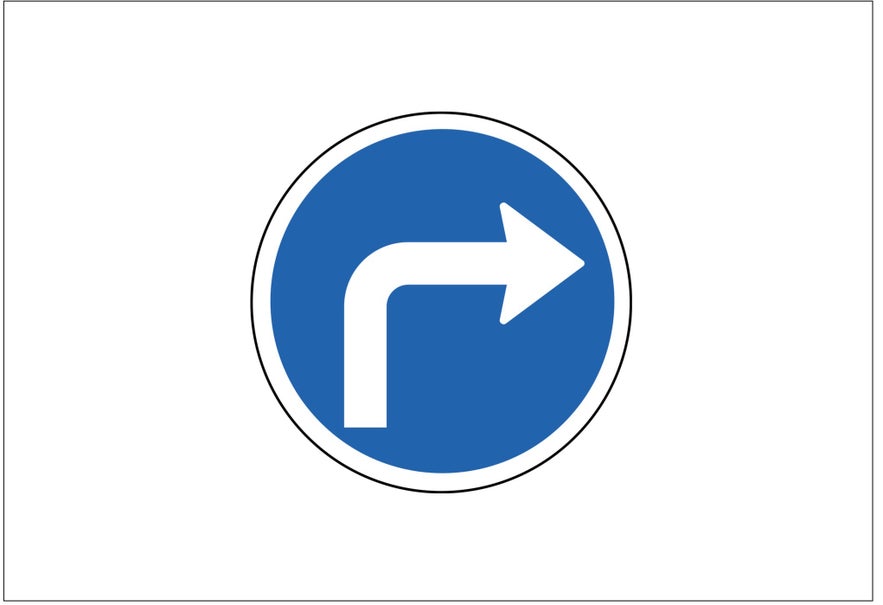 A mandatory road sign in Iceland with a blue background and a white arrow pointing to the right means "Turn right."