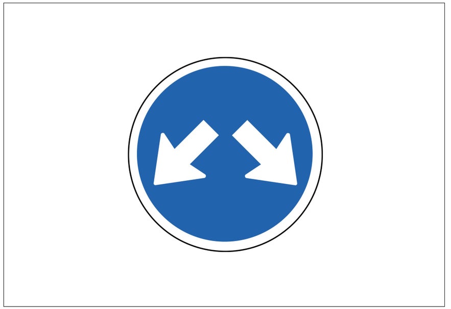 A blue circular sign with two small white arrows pointing to each side indicates you can pass on either side.