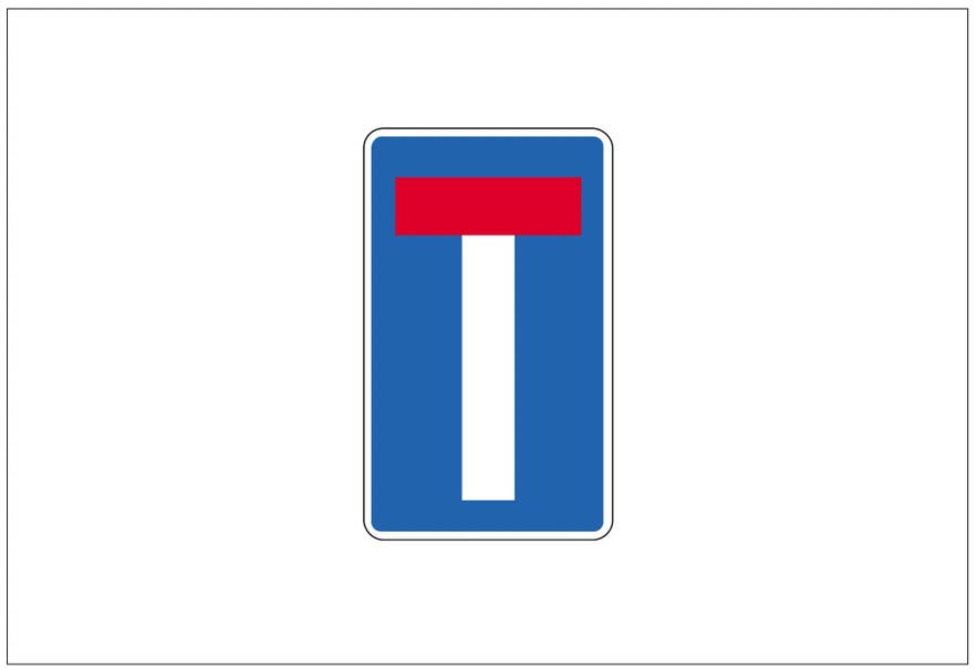 Et blåt, rektangulært islandsk vejskilt med et rødt og hvidt "T" i midten angiver, at der er en blind vej forude.