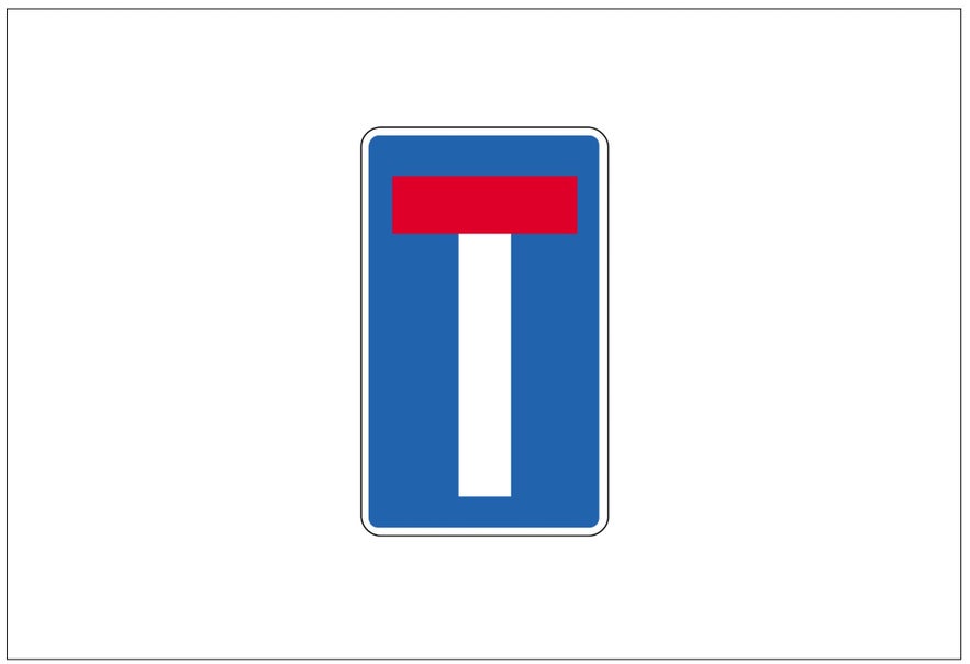 A blue rectangular Icelandic road sign with a red and white "T" in the center indicates that a dead end is ahead.