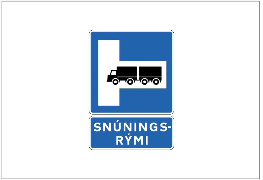 An Icelandic road sign shows a space for trucks to turn around on the right.