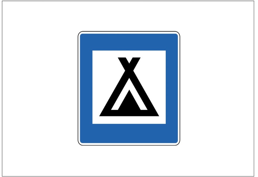 A blue square sign with a white background and a black image showing a campsite in Iceland indicates a designated camping area.