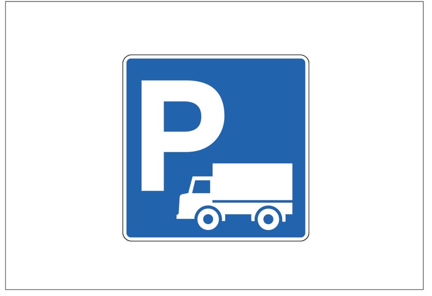 A blue square road sign in Iceland with a white letter P and a picture of a truck indicates parking for trucks.