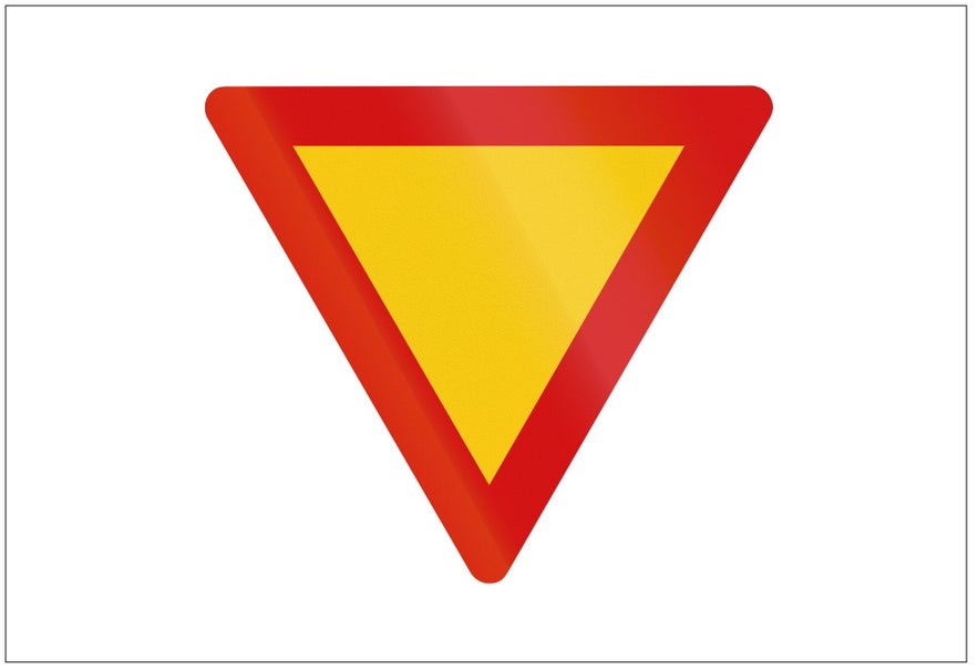 The give way sign in Iceland is an upside-down yellow triangle with a red border.