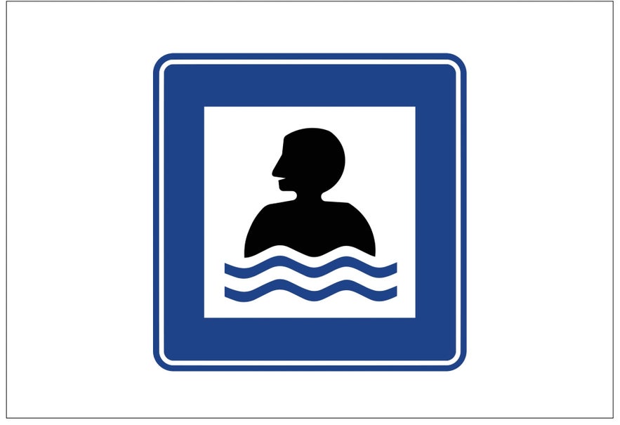 A blue and white square service sign with a black image of a person in water indicates the presence of a swimming pool.