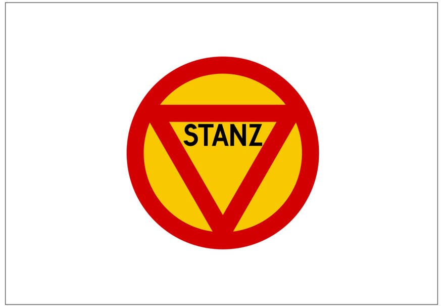 Ein veraltetes Stoppschild in Island mit gelbem Hintergrund, rotem Rand und Dreieck sowie dem Wort STANZ in der Mitte.