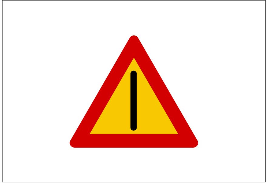 In Island ist das veraltete „Vorsicht“-Schild ein gelbes Dreieck mit rotem Rand und einem schwarzen, senkrechten Strich in der Mitte.