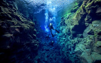 Group of divers floating together in the clear blue waters of Silfra.