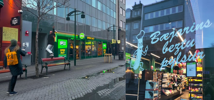 Two people outside a 10/11 convenience store in Reykjavik, with a Bæjarins Beztu Pylsur hot dog stand window also visible.