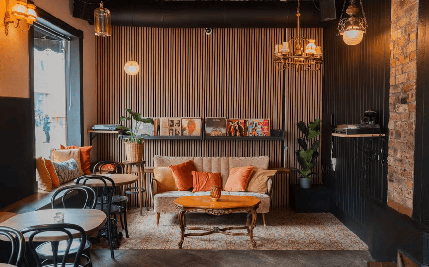 Interior of 22 Bar on Laugavegur Street in Reykjavik, featuring cozy seating.