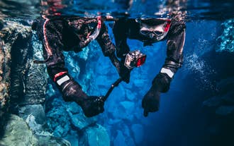 Snorkeldykkere, der flyder i Silfra-kløftens krystalklare vand mellem tektoniske plader i Thingvellir Nationalpark på Den Gyldne Cirkel.