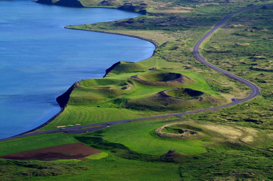 Lake Myvatn Skutustadagigar Pseudocraters in North Iceland with scenic road along the Diamond Circle Sightseeing Route.