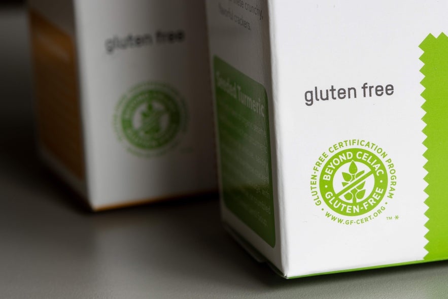 Close-up of gluten free certified food packaging in Iceland with Beyond Celiac label.