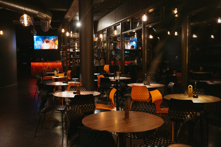 Modern interior of the Soup Company in Vik with stylish lighting and seating in Iceland.