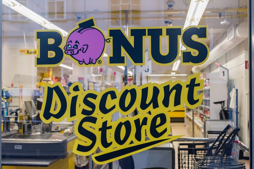 Bonus Supermarket sign with shopping carts in Reykjavik.