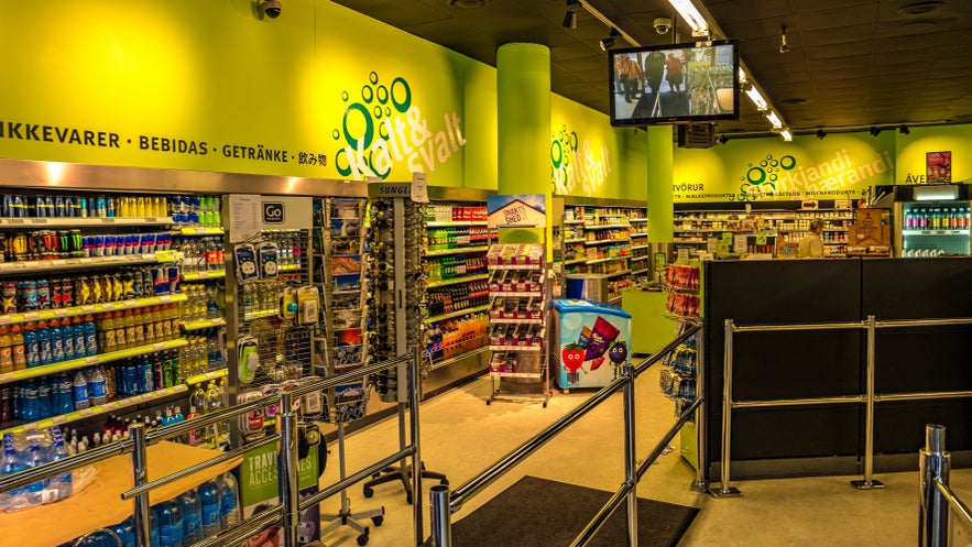 Inside view of Icelandic convenience store in Reykjavik with drinks and snacks.