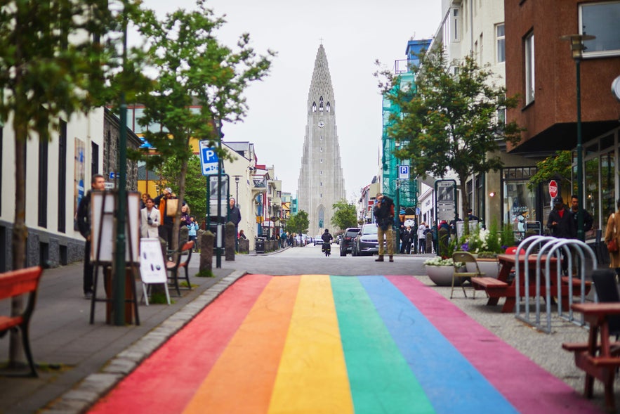 Rainbow street leading to Hallgrimskirkja Church in Reykjavik.