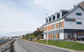 Modern exterior view of Hotel West, a popular accommodation in the Westfjords, Iceland.
