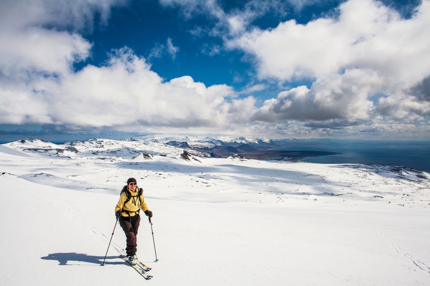 Skiing and snowboarding in Iceland near Hlidarfjall Akureyri, with views of Eyjafjordur and Trollaskagi Peaks.