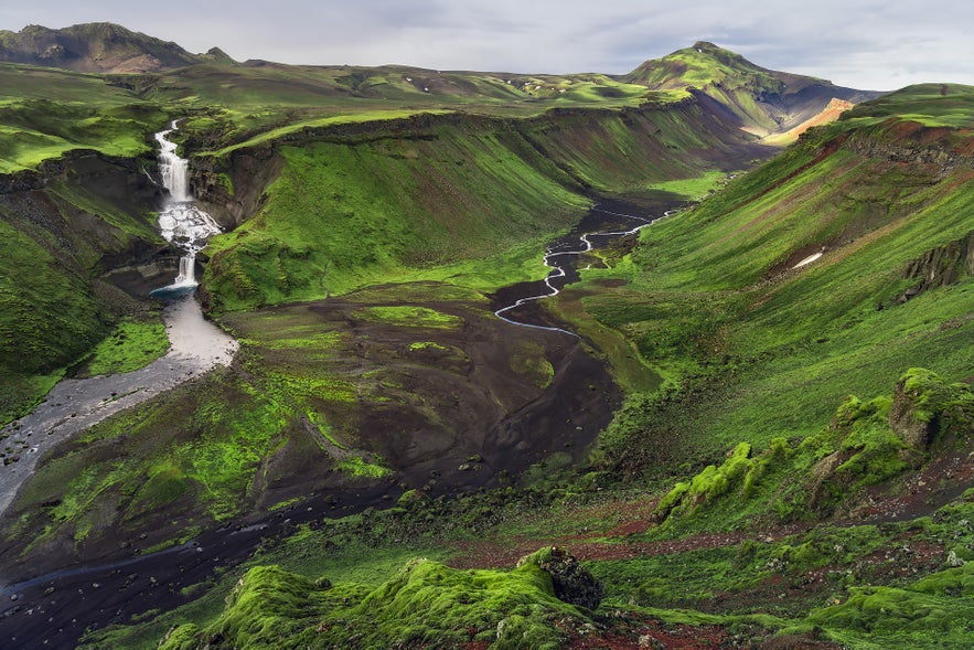 Aerial view of Eldgja canyon in Iceland with a waterfall and winding river surrounded by lush green volcanic landscapes.