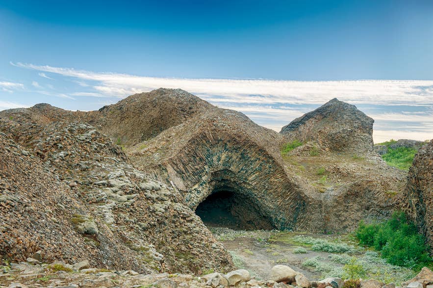 Hljodaklettar in North Iceland is one of the hidden gems in Iceland with unique basalt rock formations and caves.