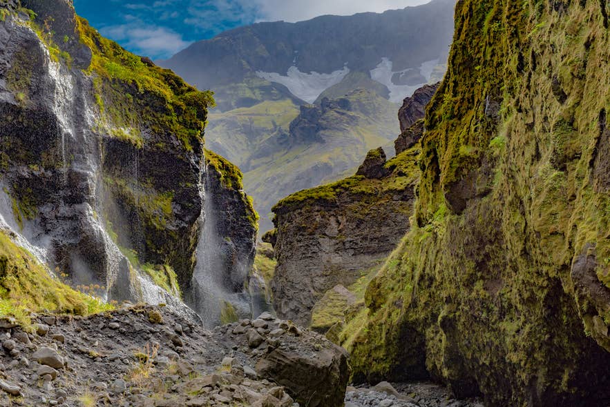 Stakkholtsgja Canyon in Thorsmork is one of the hidden gems in Iceland, with mossy cliffs, waterfalls, and dramatic scenery.