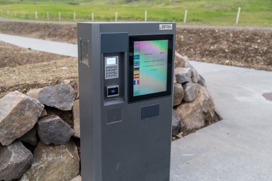 Parking payment machine in Reykjavik, Iceland, for tourists visiting city attractions and nature sites.
