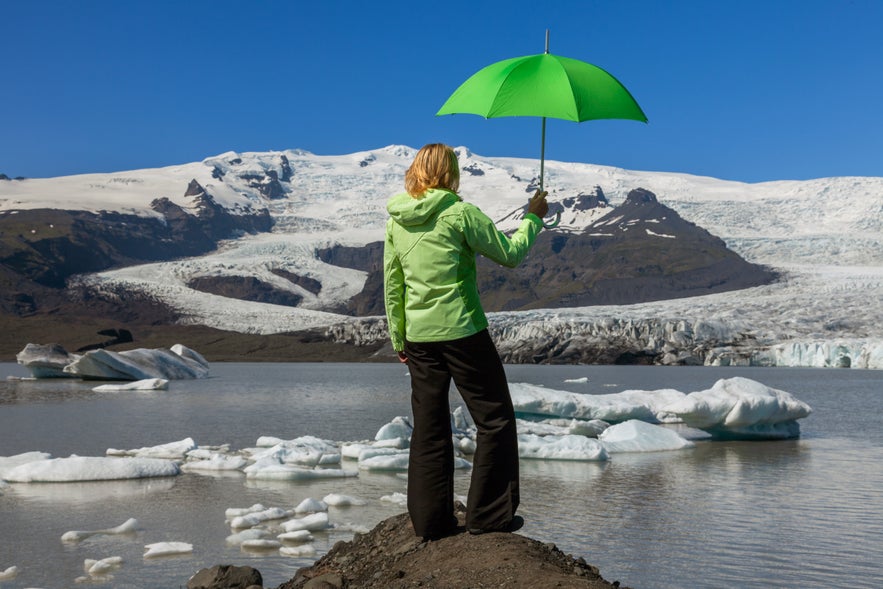 Umbrellas may look useful, but wind near Vatnajokull shows why rain jackets are smarter for what to wear in Iceland.
