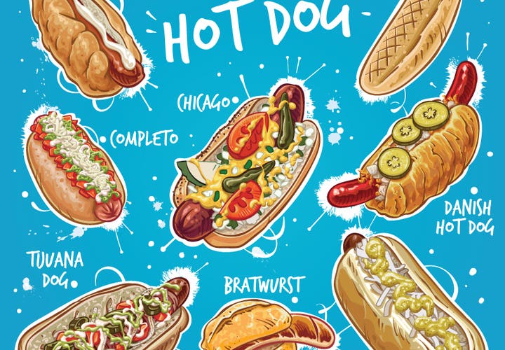 Illustrated hot dog varieties from around the world, featuring the famous Icelandic hot dog alongside Chicago, Danish, and more.