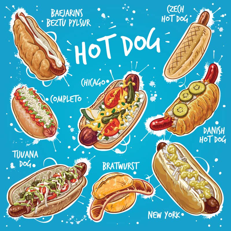 Illustrated hot dog varieties from around the world, featuring the famous Icelandic hot dog alongside Chicago, Danish, and more.