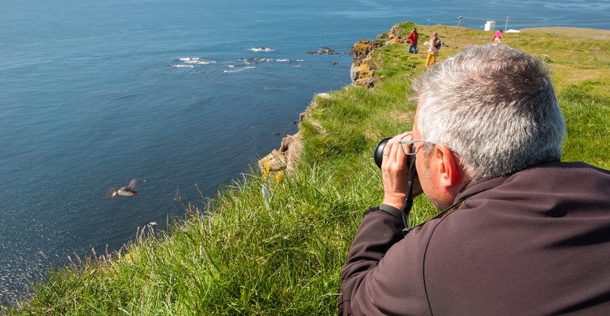 Birdwatcher with camera on grassy cliffs, popular location to spot birds in Iceland.