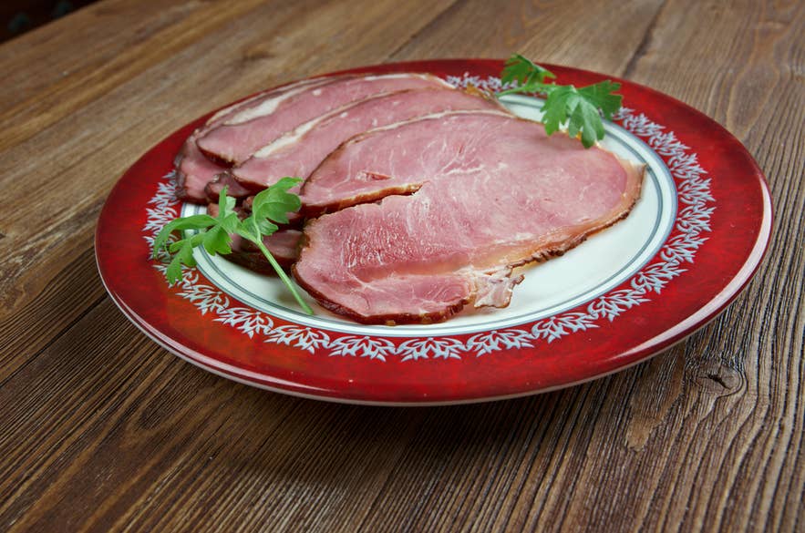 Slices of hangikjöt, a traditional Icelandic food enjoyed during Christmas.
