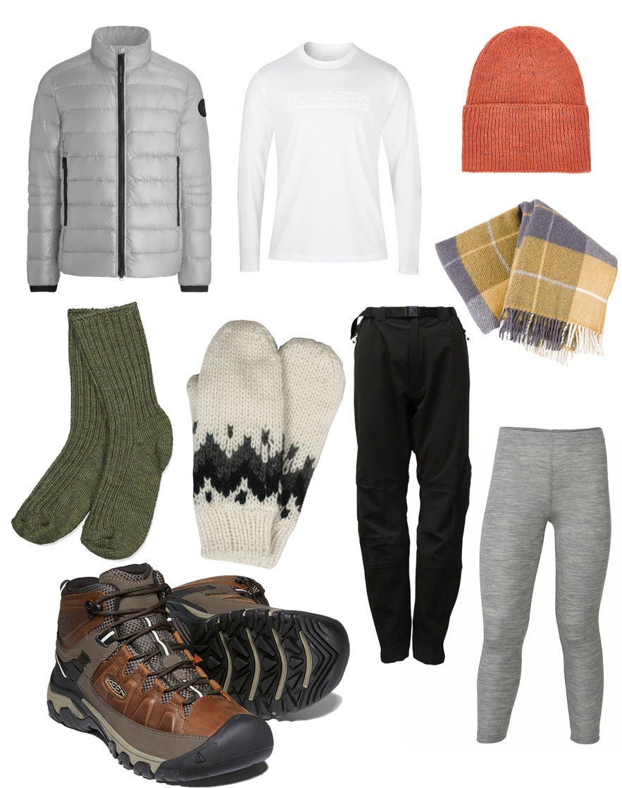 Insulated layers, wool socks, mittens, and hiking boots show what to wear in Iceland in fall for warmth and traction.