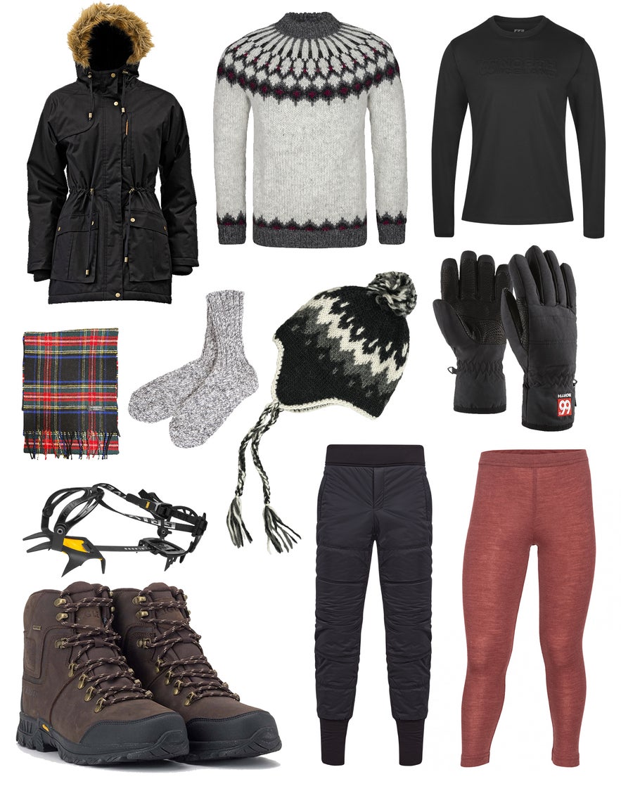 Winter gear essentials like a parka, wool sweater, crampons, and thermal layers show what to wear in Iceland in snow and ice.