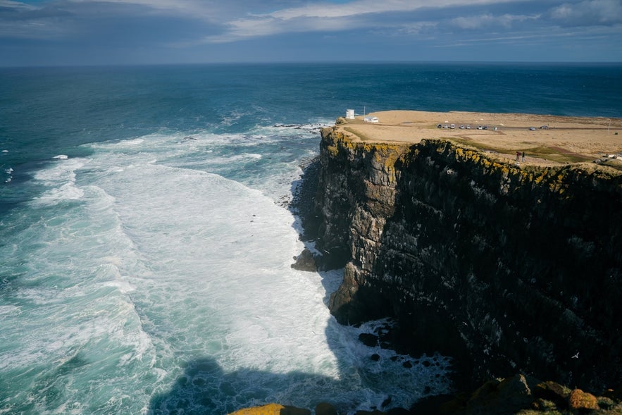 Latrabjarg Bird Cliff rises above the ocean in the Westfjords region of Iceland, home to many seabirds during the summer.