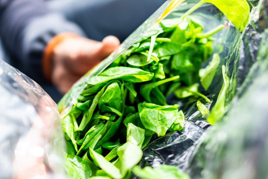 Close-up of fresh spinach leaves sold in a bag, showing what travelers can expect to buy at a grocery store in Iceland.