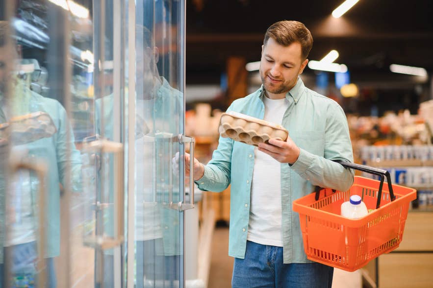 Man checks eggs while shopping in an Iceland grocery store, carrying a basket with milk and other daily food essentials.