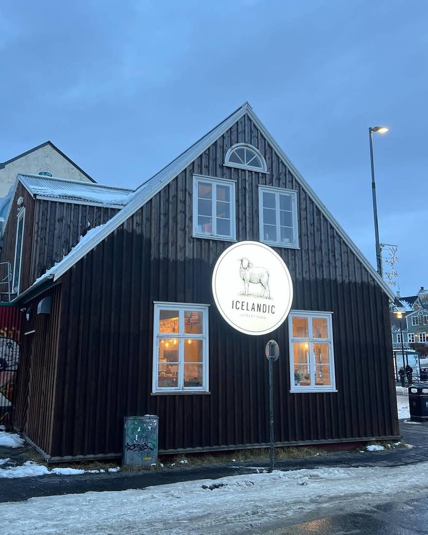 Icelandic Street Food restaurant exterior in Reykjavik during winter.