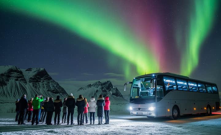 Groupe de personnes lors d'une excursion en bus pour voir les aurores boréales