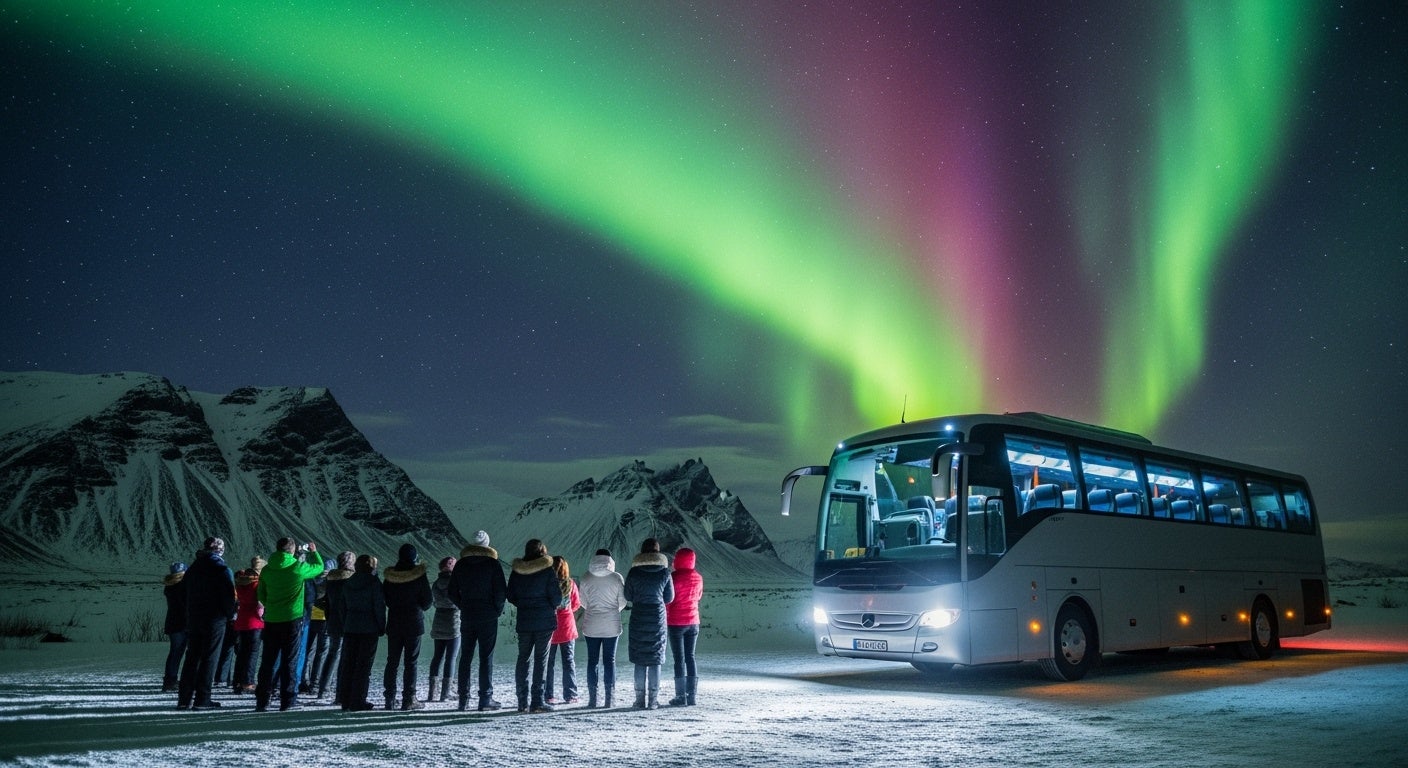 Gruppo di persone durante un tour in autobus per vedere l'aurora boreale