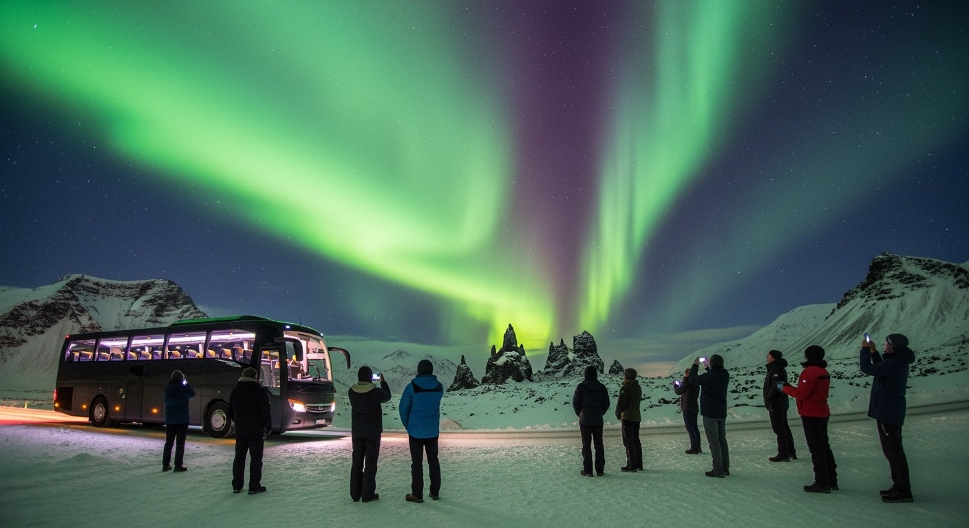Group of people on a northern lights bus tour