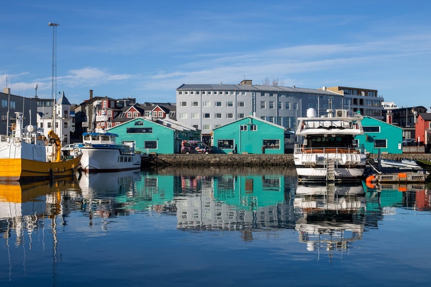 Views of Reykjavik Old Harbor from a boat, showing old buildings and waterfront restaurants along the shore.