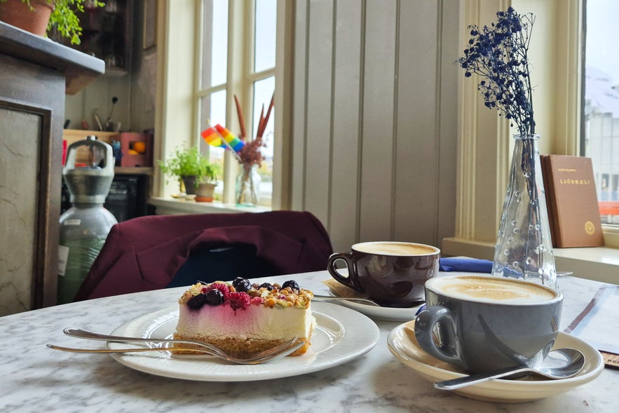 Cappuccinos and Icelandic skyr cake with berries at Iðnó Café in Reykjavik