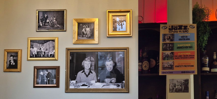 Framed black-and-white photos and jazz poster on the wall inside Iðnó Café