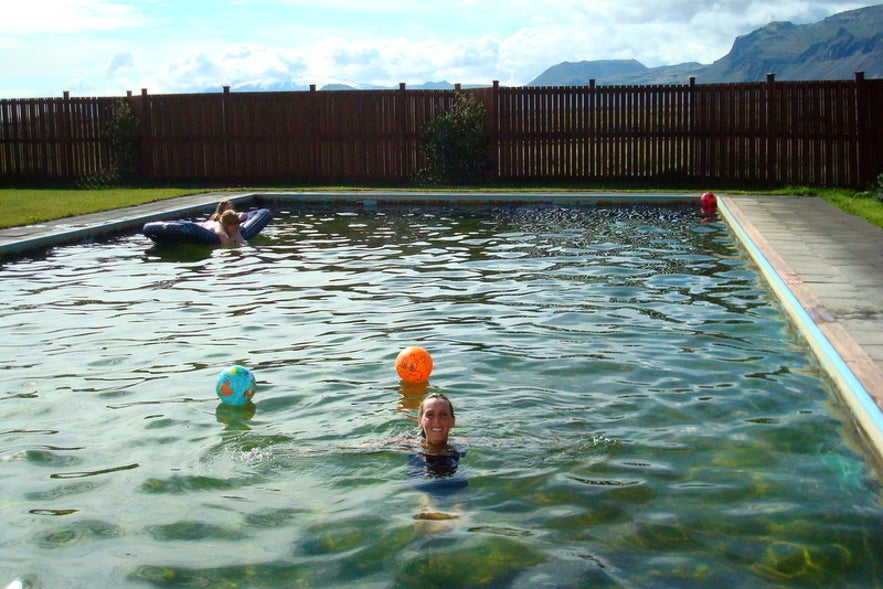 Regína at Lýsuhólslaug geothermal mineral water pool on Snæfellsnes peninsula in west Iceland