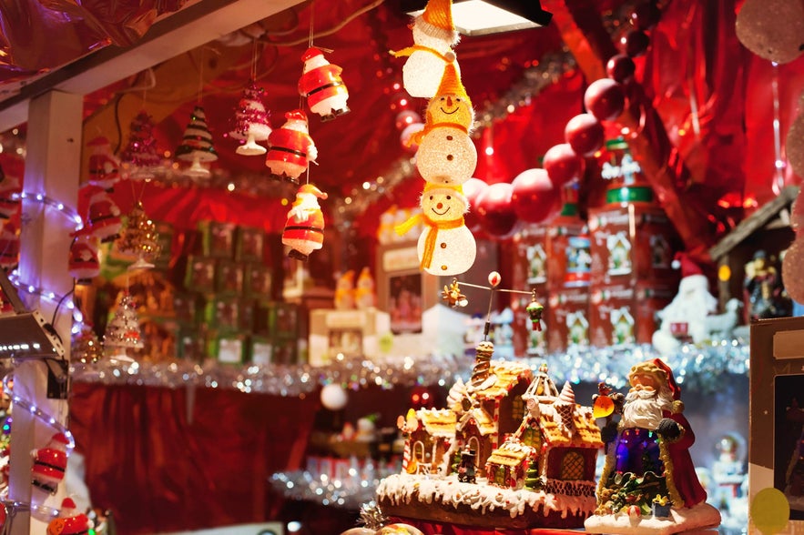 Colorful decorations and ornaments on display at a Reykjavik Christmas market stall