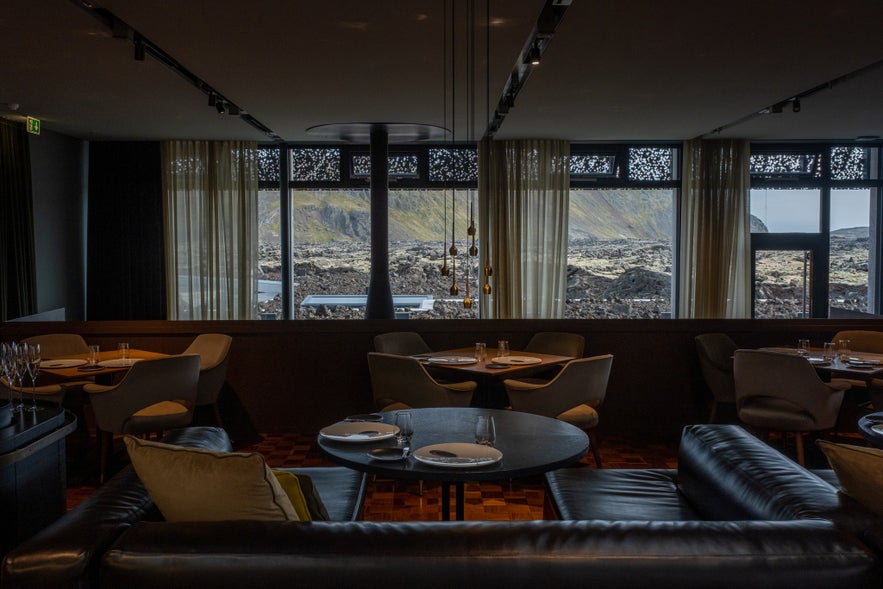 Interior of Moss Restaurant at Blue Lagoon with lava field views near Grindavik, Iceland.