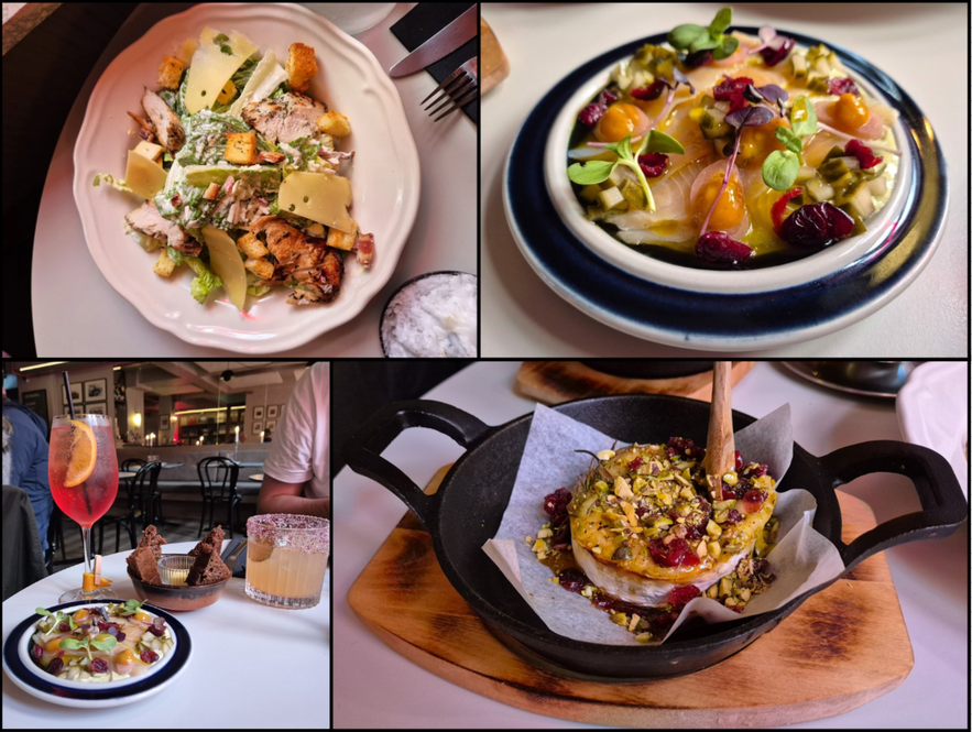 Collage of Litli Barinn menu dishes in Reykjavik featuring cured Arctic char, baked brie, and fresh Caesar salad.