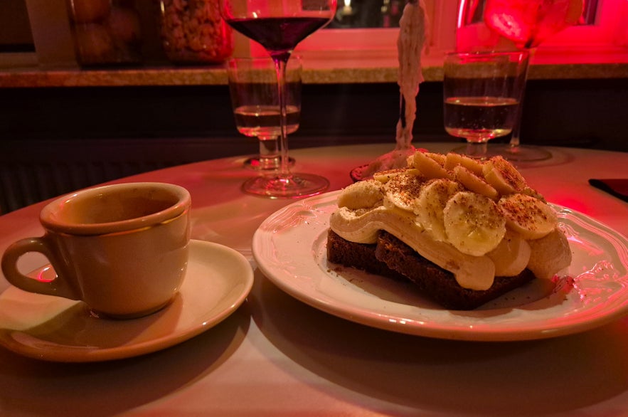Peanut butter banana bread dessert with cream and espresso at Litli Barinn in Reykjavik.